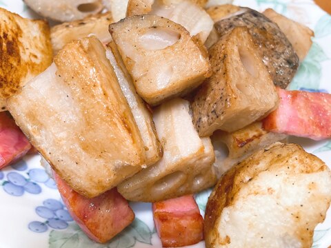 オーブンで焼くレンコンと長芋とベーコンのバター醤油